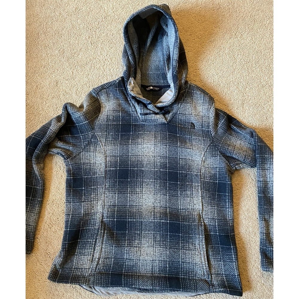 The North Face Women L Blue Gray Plaid Crescent Hoodie Funnel Hood Pocket Fleece